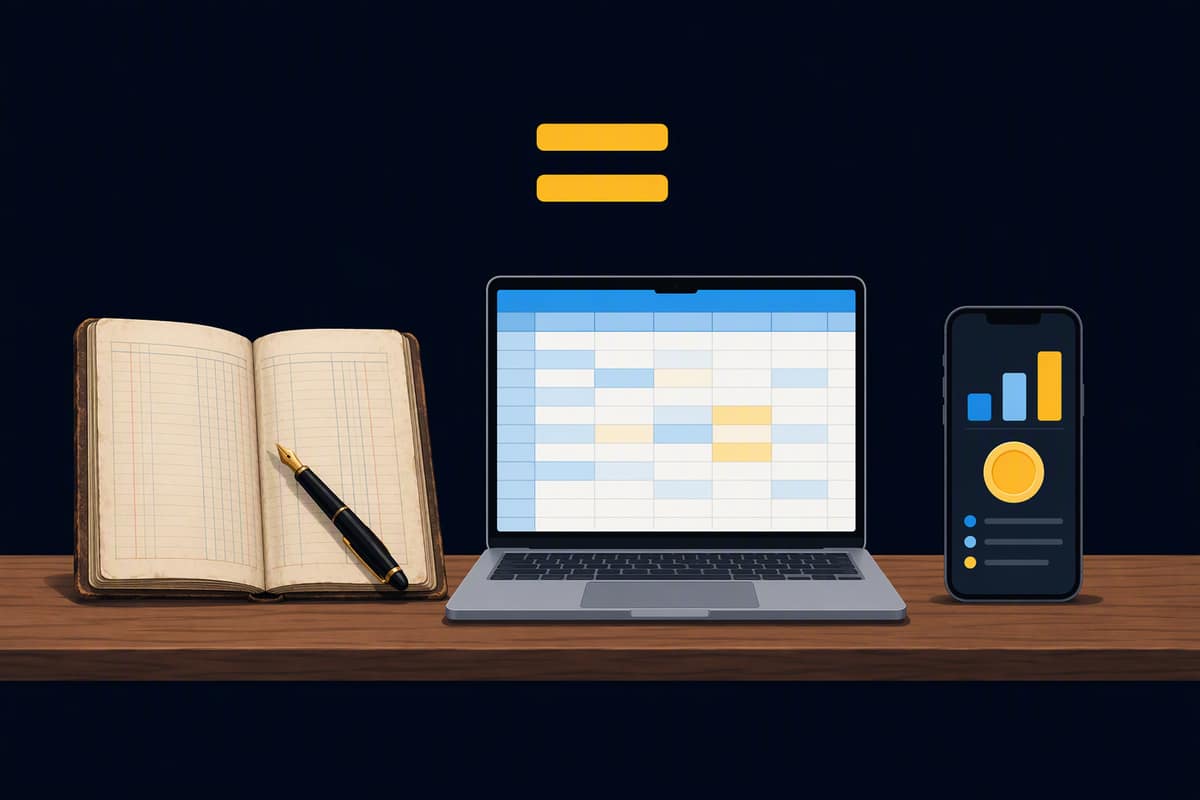 Masa üzerinde yan yana defter, dizüstü bilgisayarda tablo ve telefon uygulaması